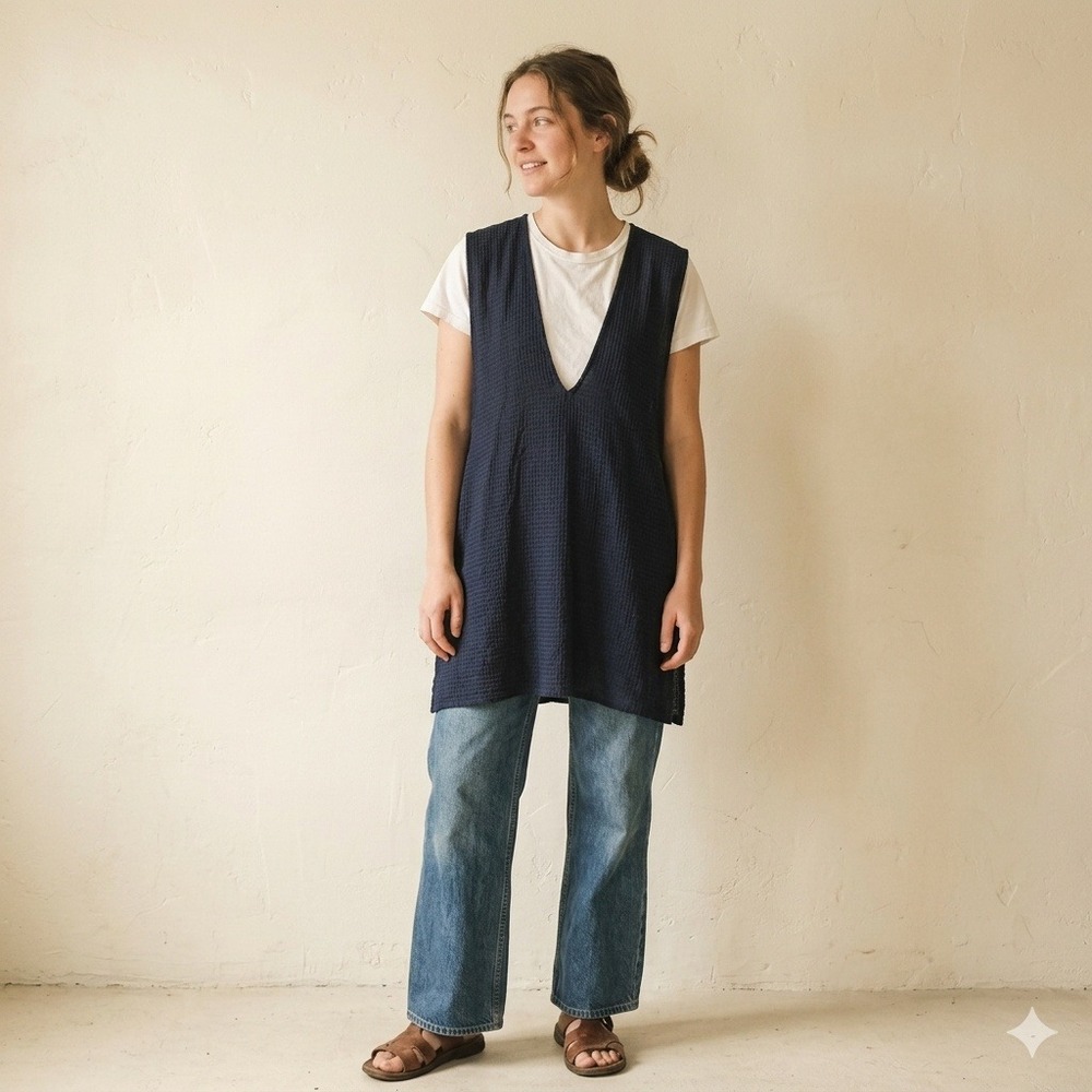 RTH Tunic Top Women OS Navy Blue Deep V-Neck Gingham‎ Gauze Layering Minimalist